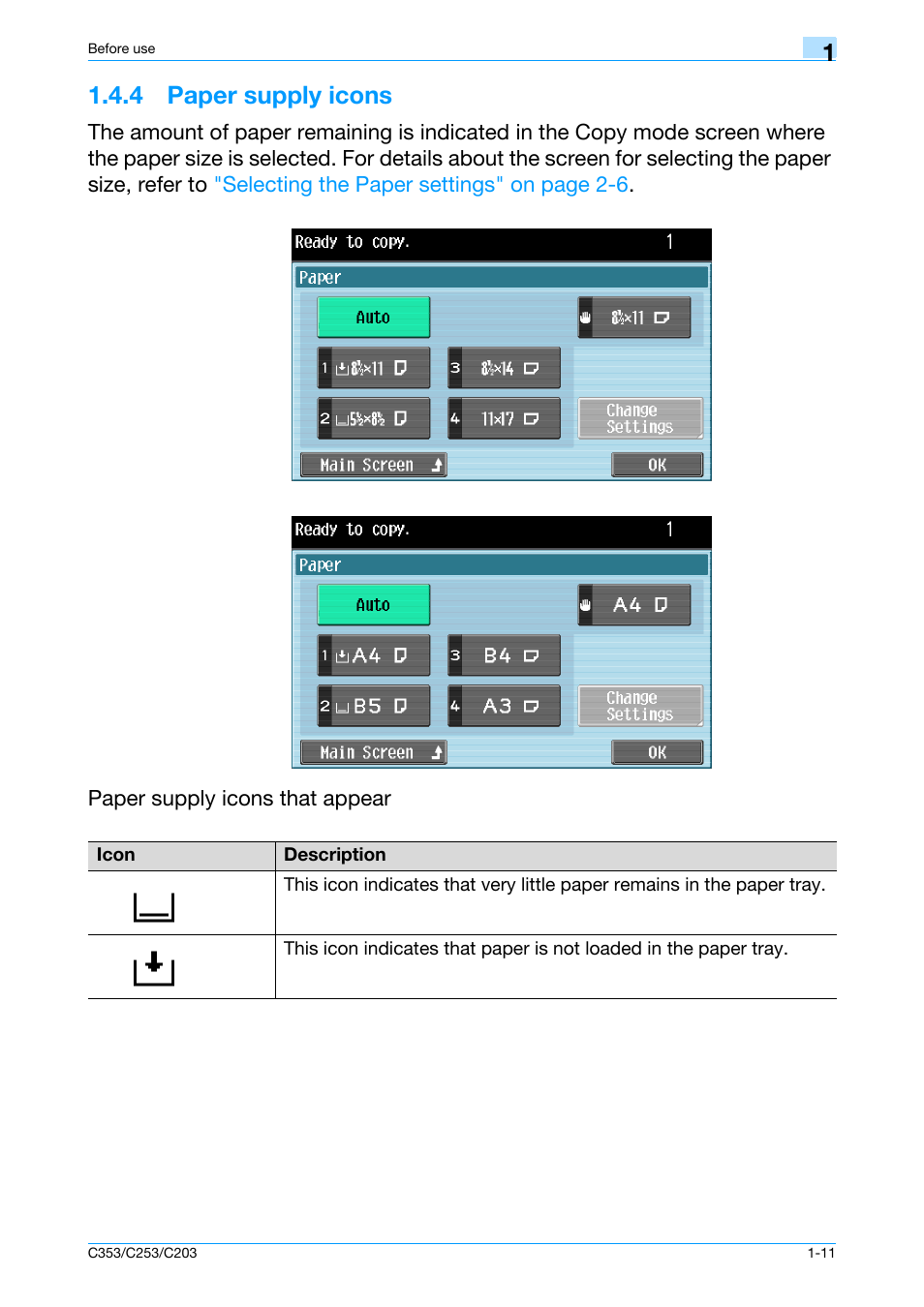 4 paper supply icons, 4 paper supply icons -11 | Konica Minolta bizhub C353 User Manual | Page 17 / 115