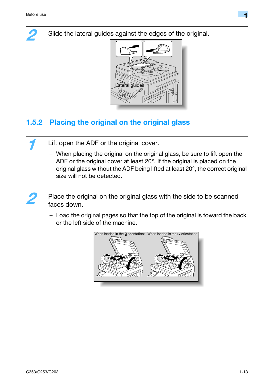 2 placing the original on the original glass, 2 placing the original on the original glass -13 | Konica Minolta bizhub C353 User Manual | Page 19 / 115