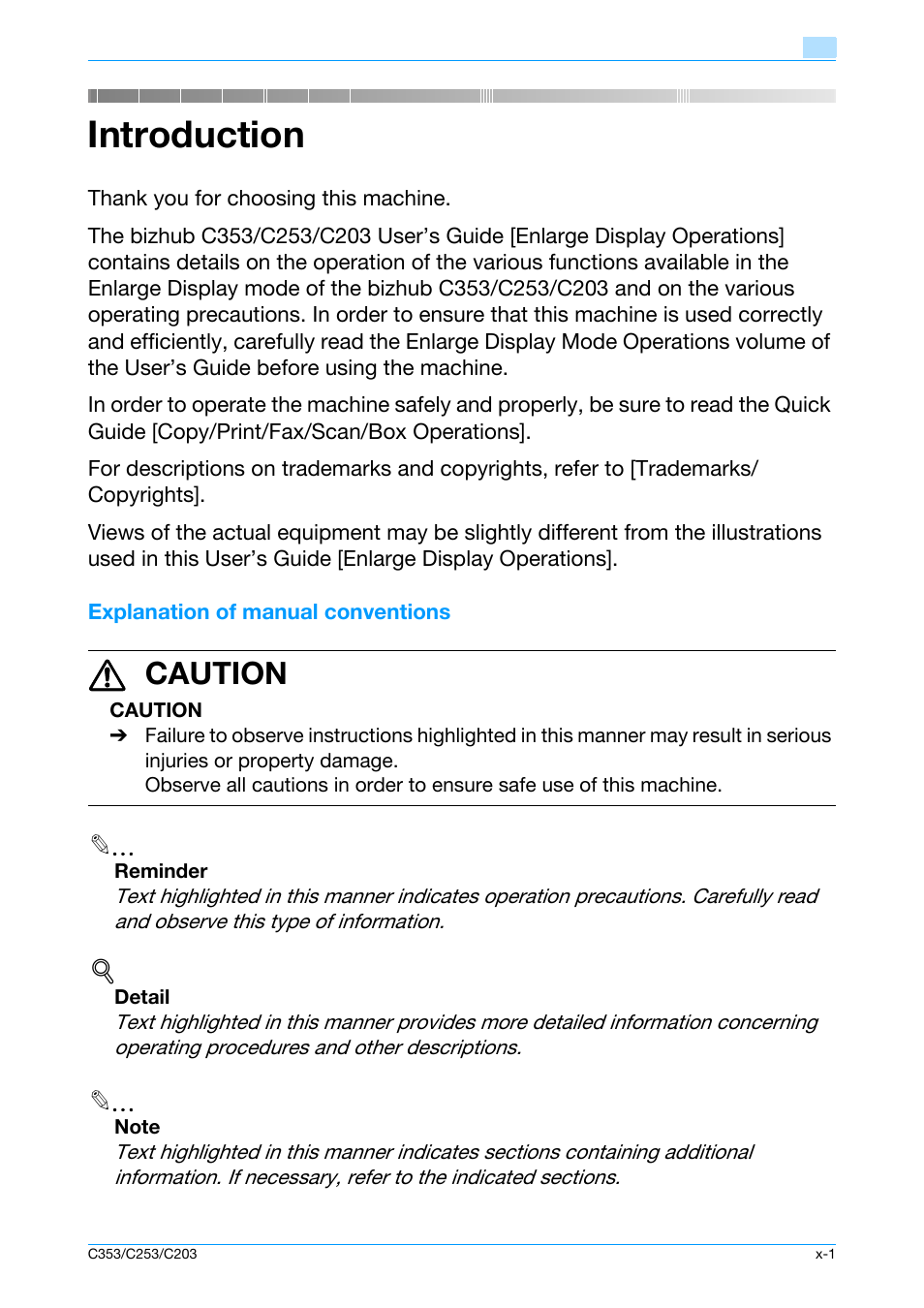 Introduction, Explanation of manual conventions, 7 caution | Konica Minolta bizhub C353 User Manual | Page 2 / 115