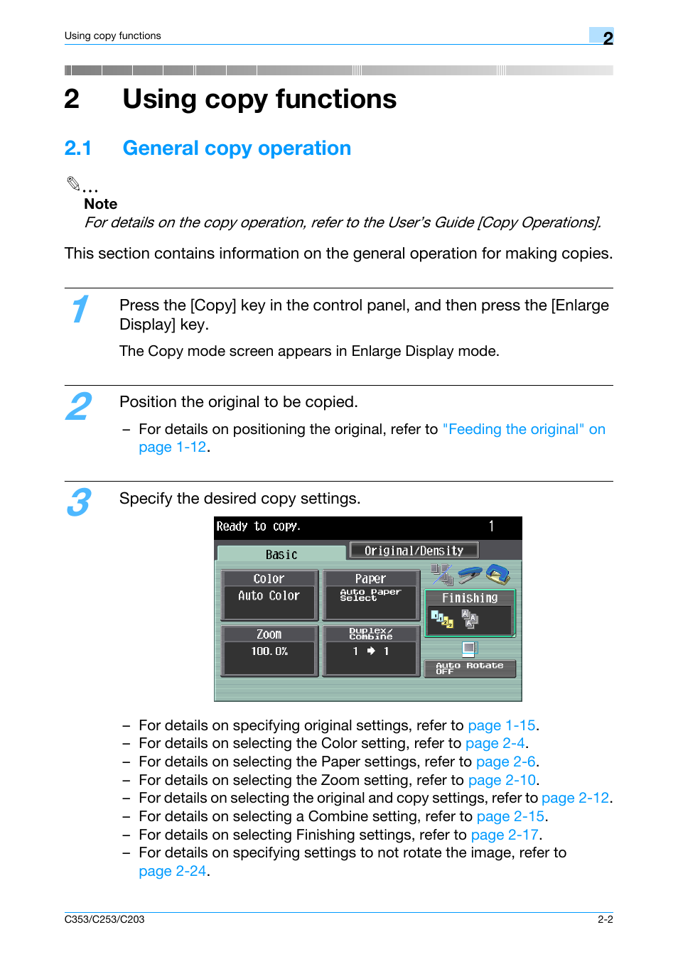 2 using copy functions, 1 general copy operation, 1 general copy operation -2 | 2using copy functions | Konica Minolta bizhub C353 User Manual | Page 31 / 115