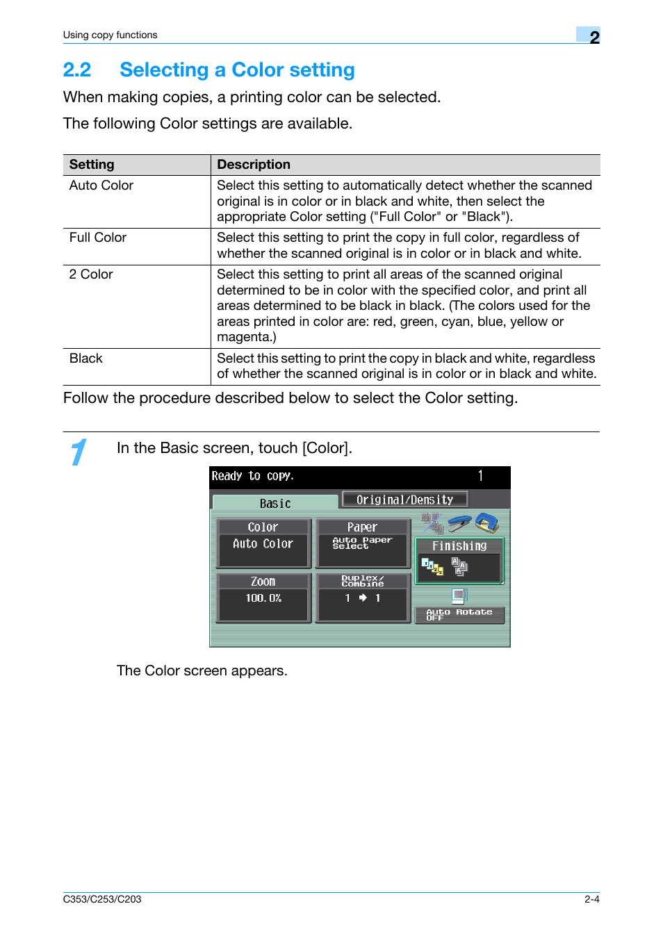 2 selecting a color setting, 2 selecting a color setting -4, The color setting, refer to | Konica Minolta bizhub C353 User Manual | Page 33 / 115