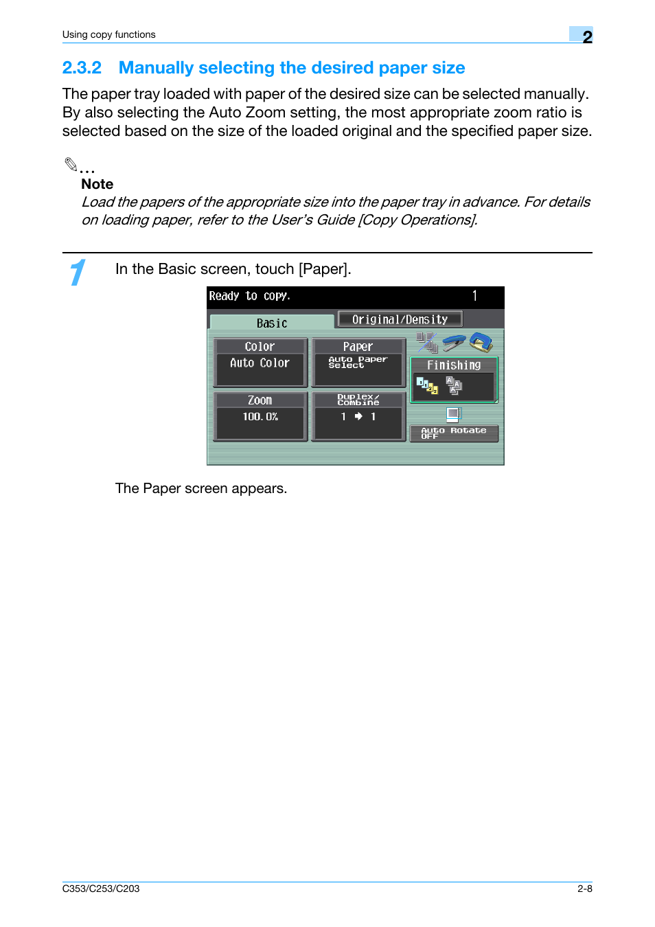 2 manually selecting the desired paper size, 2 manually selecting the desired paper size -8 | Konica Minolta bizhub C353 User Manual | Page 37 / 115