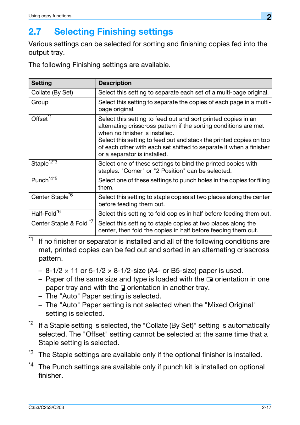 7 selecting finishing settings, 7 selecting finishing settings -17, Nishing settings, refer to | Konica Minolta bizhub C353 User Manual | Page 46 / 115