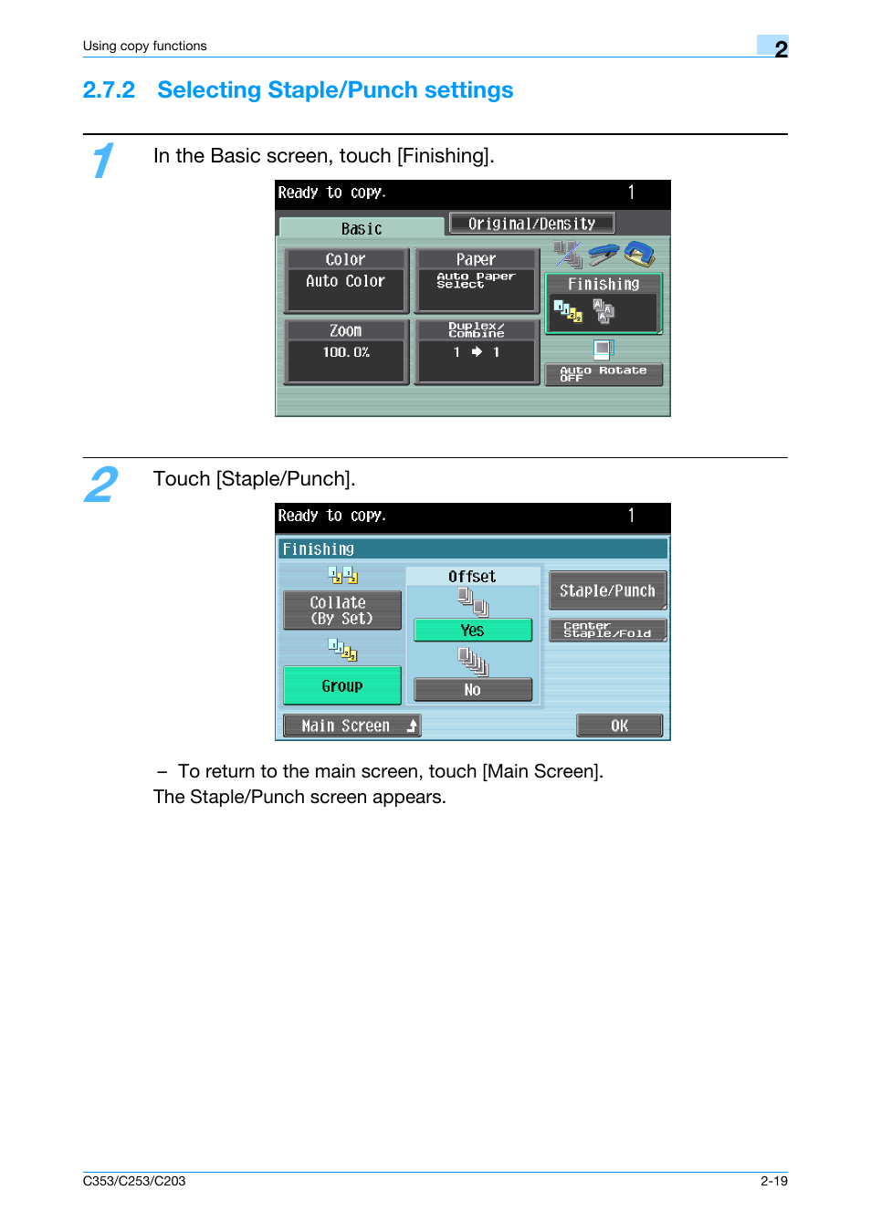 2 selecting staple/punch settings, 2 selecting staple/punch settings -19 | Konica Minolta bizhub C353 User Manual | Page 48 / 115