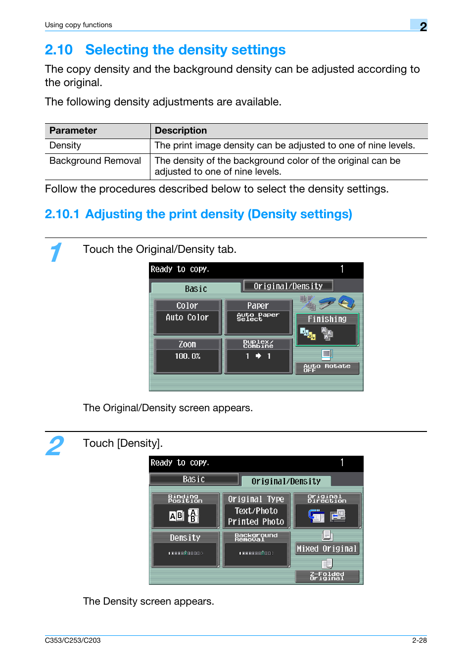 10 selecting the density settings, 1 adjusting the print density (density settings), 10 selecting the density settings -28 | Konica Minolta bizhub C353 User Manual | Page 57 / 115