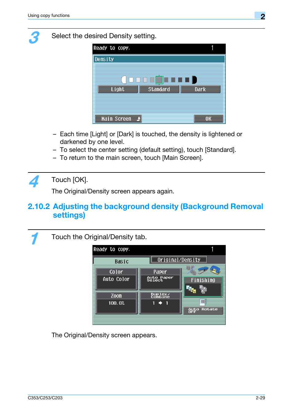 2adjusting the background density, Background removal settings) -29 | Konica Minolta bizhub C353 User Manual | Page 58 / 115