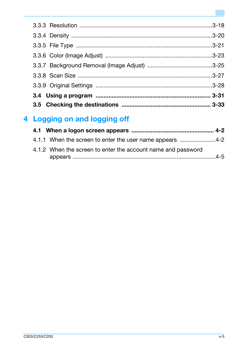 4 logging on and logging off | Konica Minolta bizhub C353 User Manual | Page 6 / 115