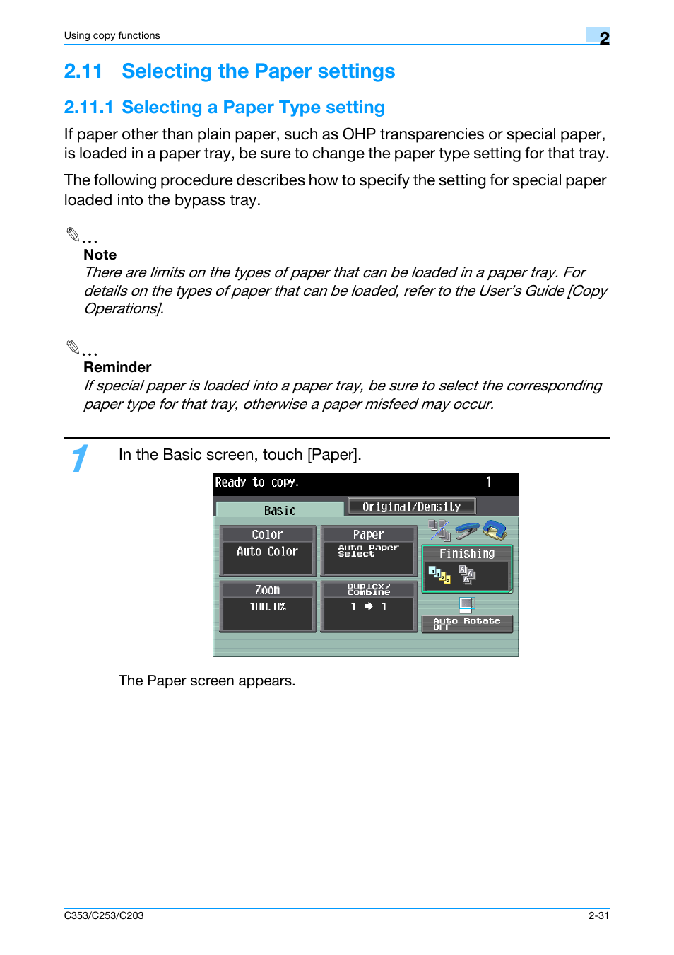 11 selecting the paper settings, 1 selecting a paper type setting, 11 selecting the paper settings -31 | 1selecting a paper type setting -31 | Konica Minolta bizhub C353 User Manual | Page 60 / 115