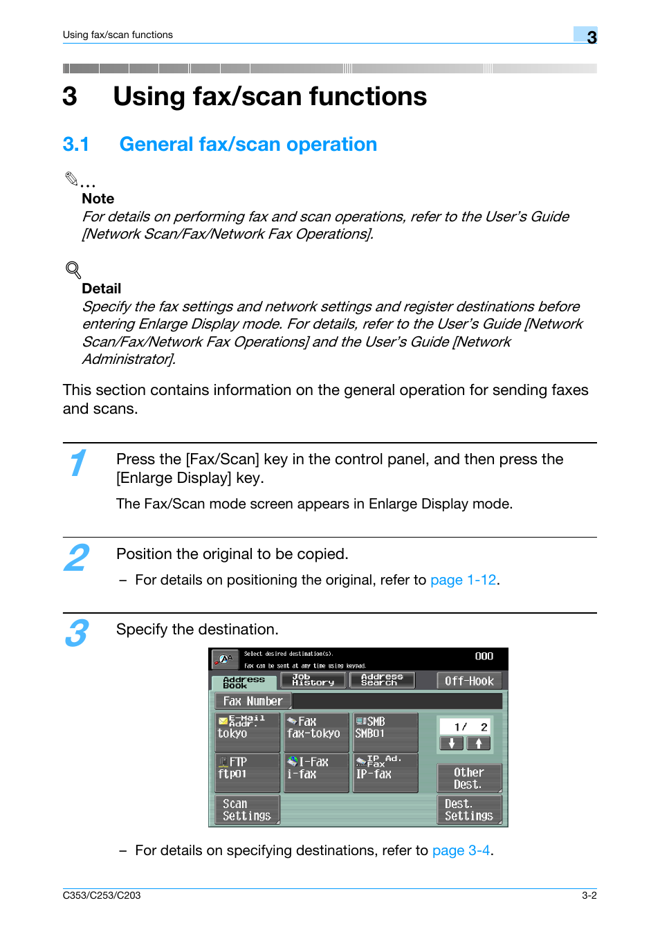 3 using fax/scan functions, 1 general fax/scan operation, 1 general fax/scan operation -2 | 3using fax/scan functions | Konica Minolta bizhub C353 User Manual | Page 74 / 115