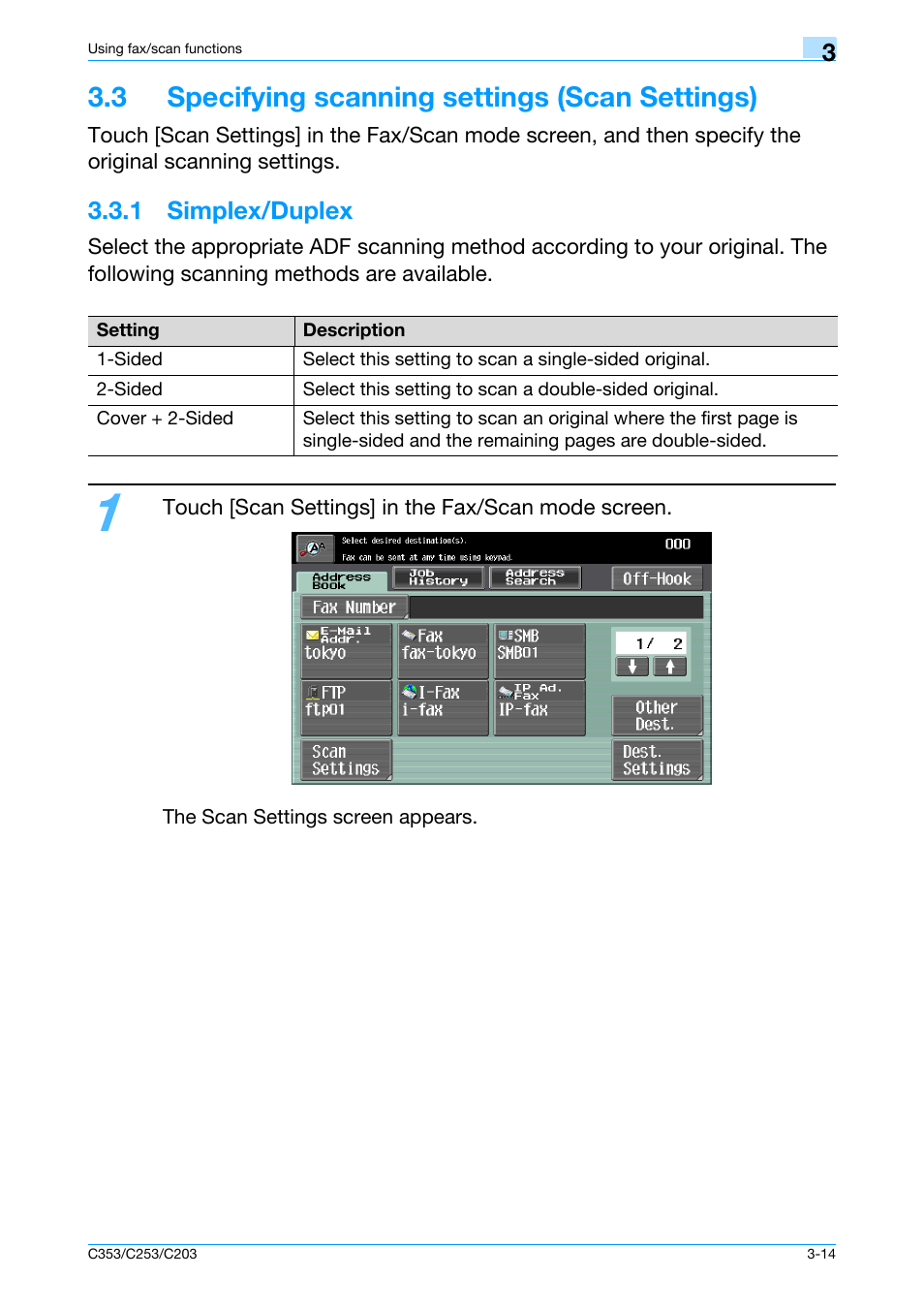 3 specifying scanning settings (scan settings), 1 simplex/duplex, 3 specifying scanning settings (scan settings) -14 | 1 simplex/duplex -14 | Konica Minolta bizhub C353 User Manual | Page 86 / 115