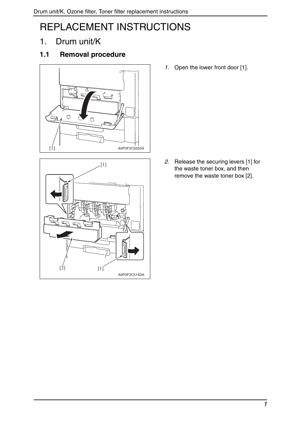 Replacement instructions, Drum unit/k, 1 removal procedure | Konica Minolta BIZHUB C652DS User Manual | Page 27 / 33