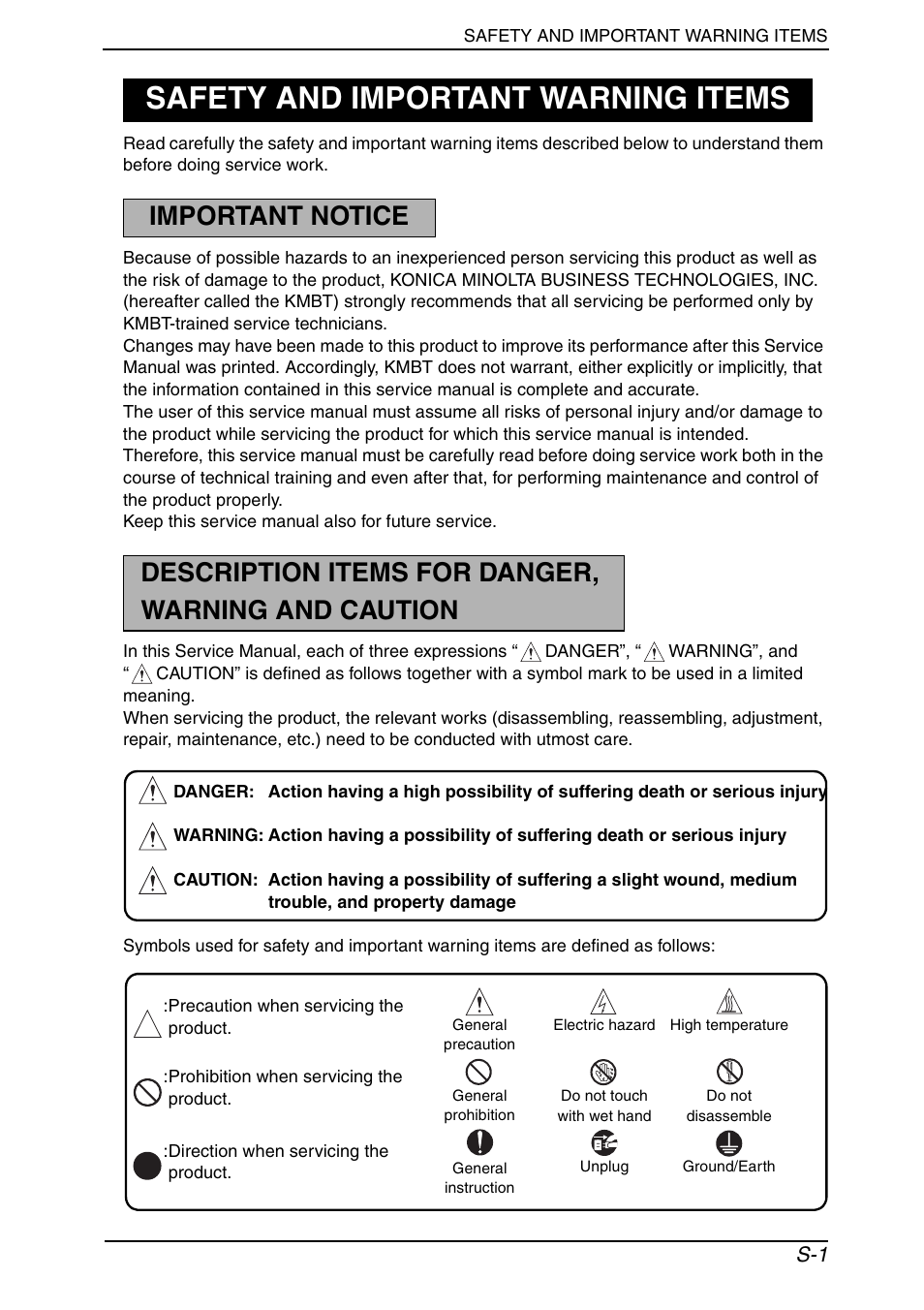 Safety and important warning items, Important notice, Description items for danger, warning and caution | Konica Minolta BIZHUB C652DS User Manual | Page 4 / 33