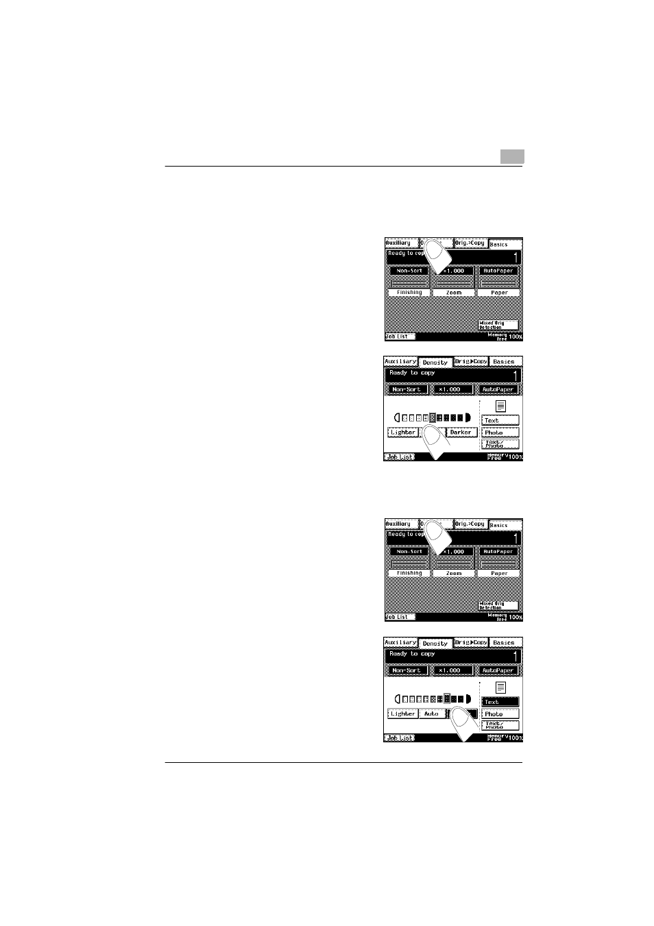 4 image density settings, Enable or disable auto exposure, Set manually to copy brighter / darker | Konica Minolta Di351f User Manual | Page 29 / 62