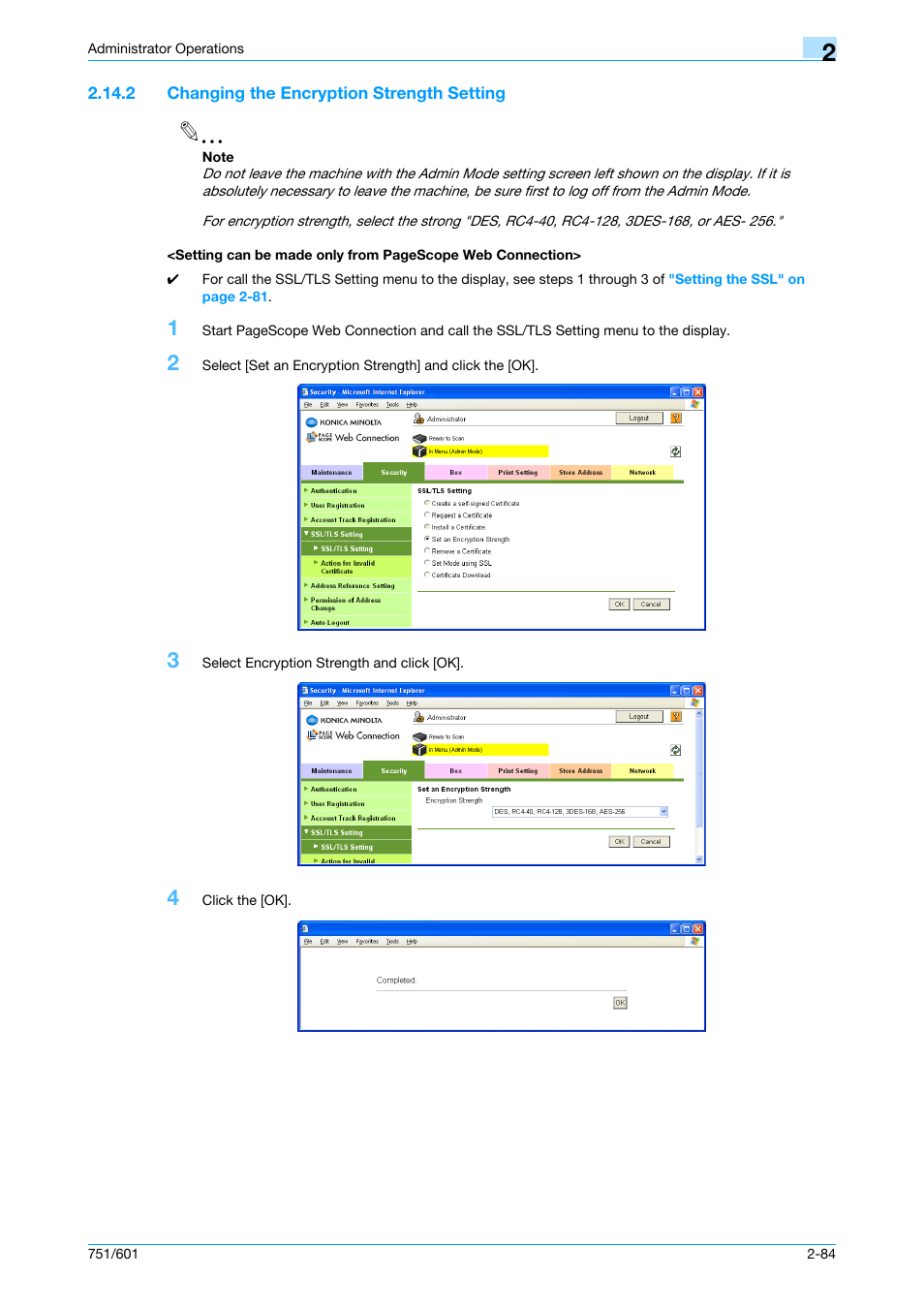 2 changing the encryption strength setting | Konica Minolta bizhub 751 User Manual | Page 100 / 199