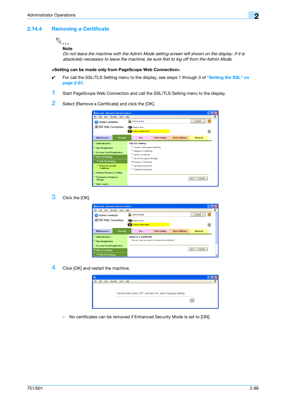 4 removing a certificate | Konica Minolta bizhub 751 User Manual | Page 102 / 199