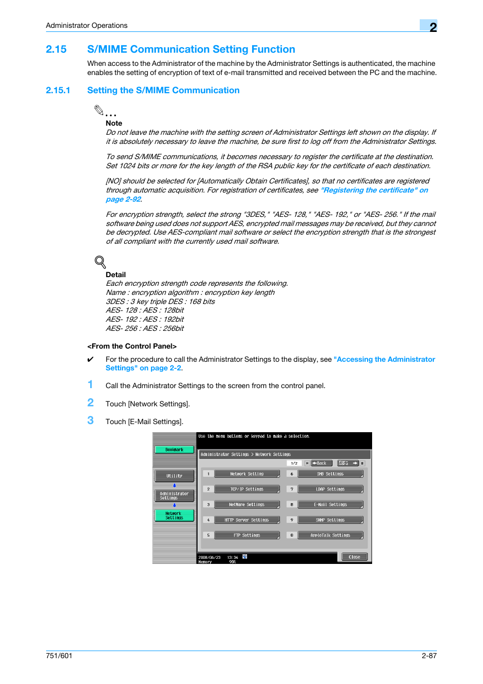 15 s/mime communication setting function, 1 setting the s/mime communication, From the control panel | S/mime communication setting function -87 | Konica Minolta bizhub 751 User Manual | Page 103 / 199