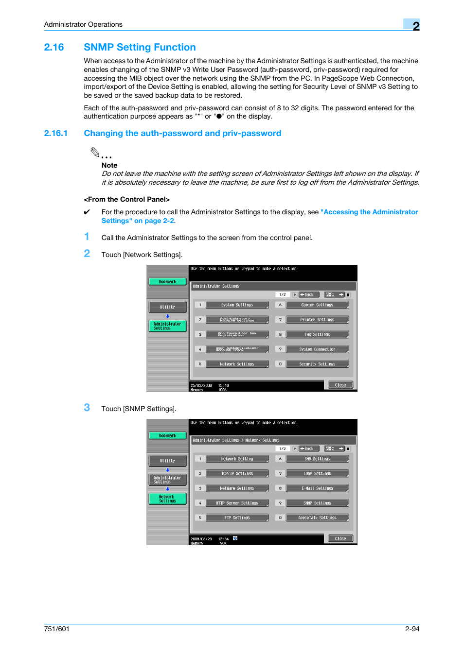 16 snmp setting function, 1 changing the auth-password and priv-password, From the control panel | Snmp setting function -94 | Konica Minolta bizhub 751 User Manual | Page 110 / 199