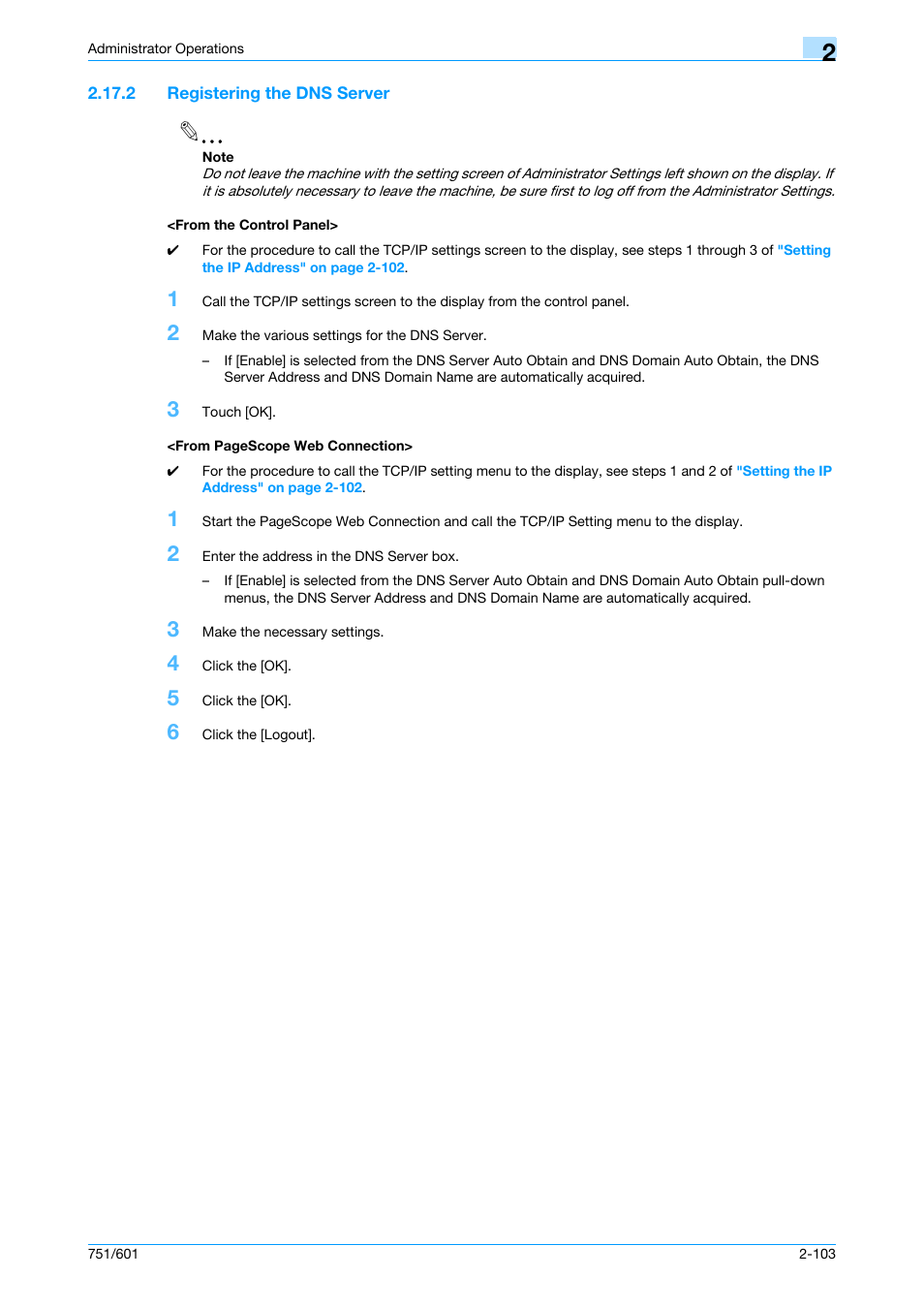 2 registering the dns server, From the control panel | Konica Minolta bizhub 751 User Manual | Page 119 / 199