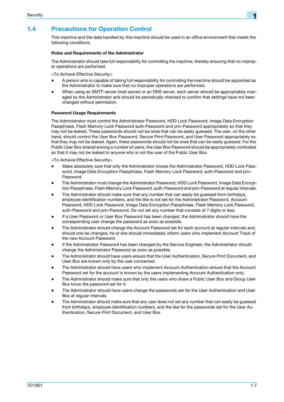 4 precautions for operation control, Roles and requirements of the administrator, Password usage requirements | Konica Minolta bizhub 751 User Manual | Page 12 / 199