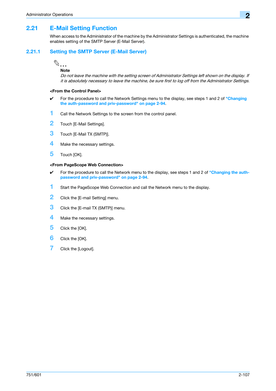 21 e-mail setting function, 1 setting the smtp server (e-mail server), From the control panel | E-mail setting function -107 | Konica Minolta bizhub 751 User Manual | Page 123 / 199