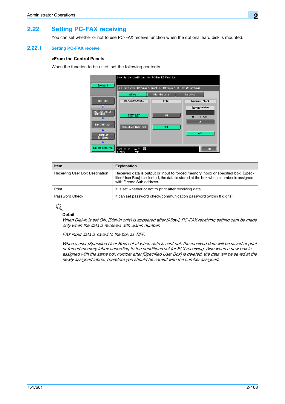 22 setting pc-fax receiving, 1 setting pc-fax receive, From the control panel | Setting pc-fax receiving -108 | Konica Minolta bizhub 751 User Manual | Page 124 / 199