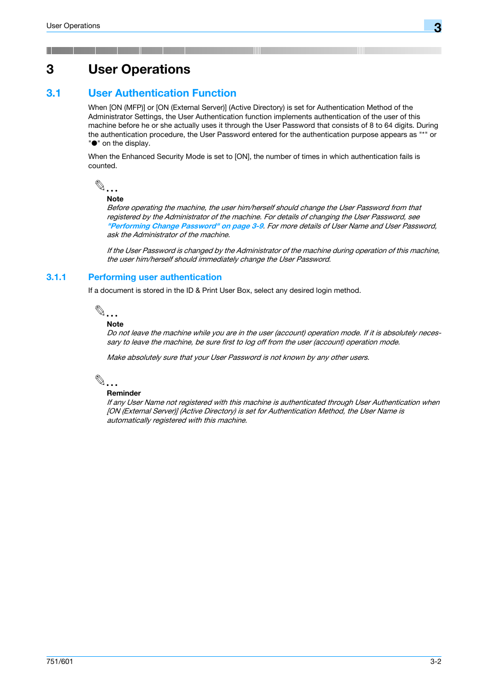 3 user operations, 1 user authentication function, 1 performing user authentication | User operations, User authentication function -2, Performing user authentication -2, 3user operations | Konica Minolta bizhub 751 User Manual | Page 128 / 199