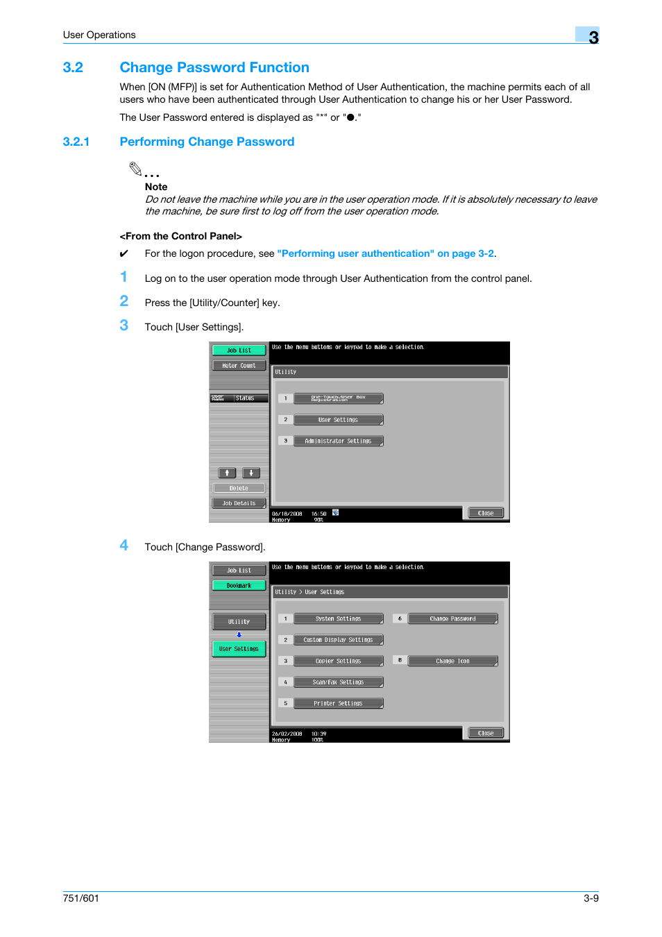 2 change password function, 1 performing change password, From the control panel | Change password function -9 | Konica Minolta bizhub 751 User Manual | Page 135 / 199