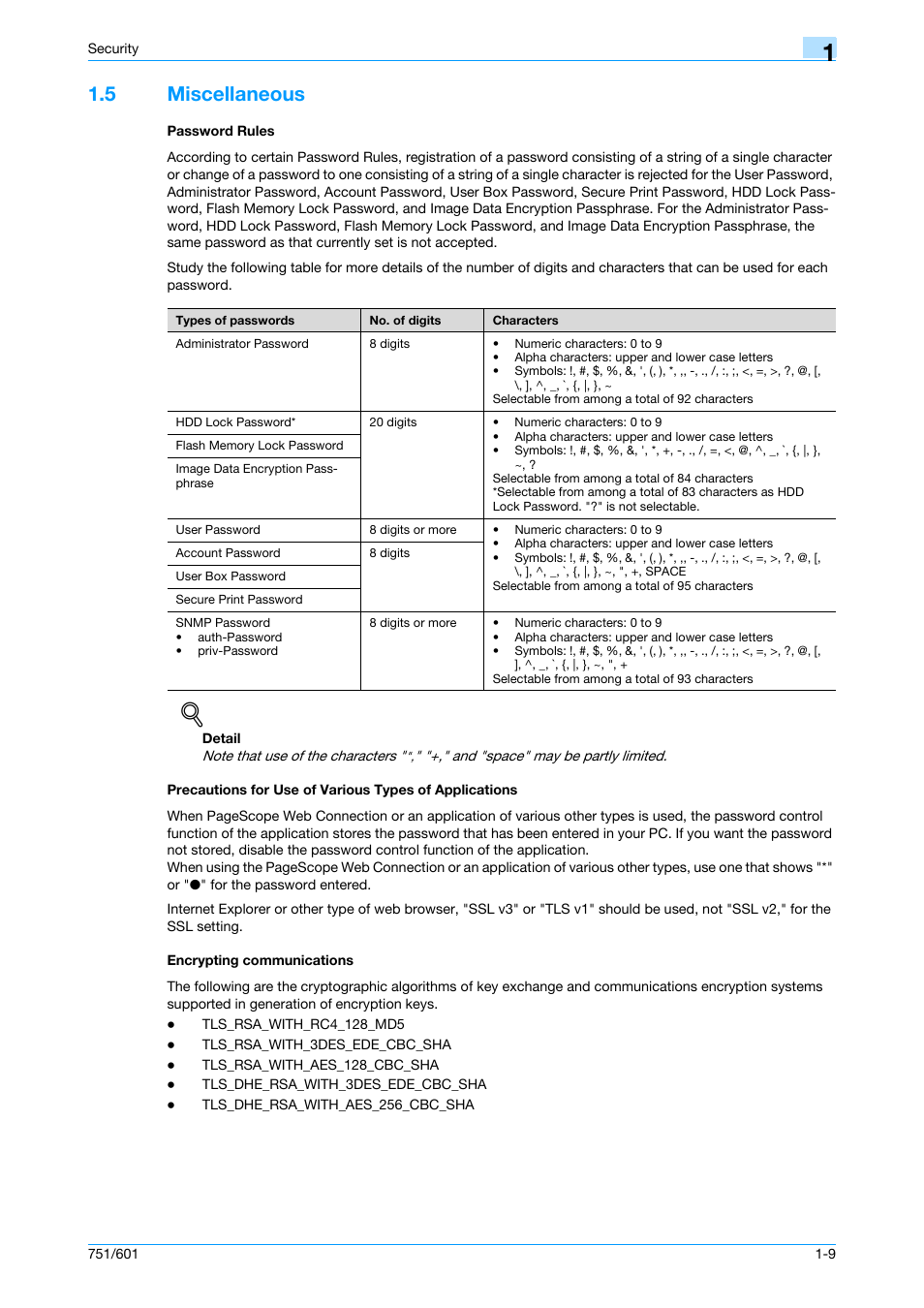 5 miscellaneous, Password rules, Encrypting communications | Konica Minolta bizhub 751 User Manual | Page 14 / 199