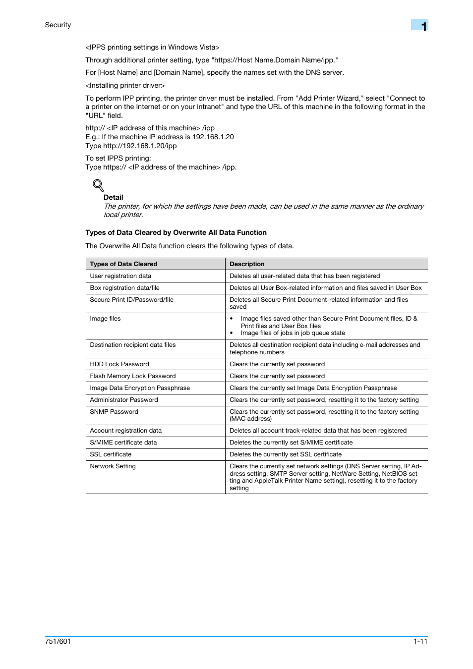Unction, see, Types of data cleared by | Konica Minolta bizhub 751 User Manual | Page 16 / 199
