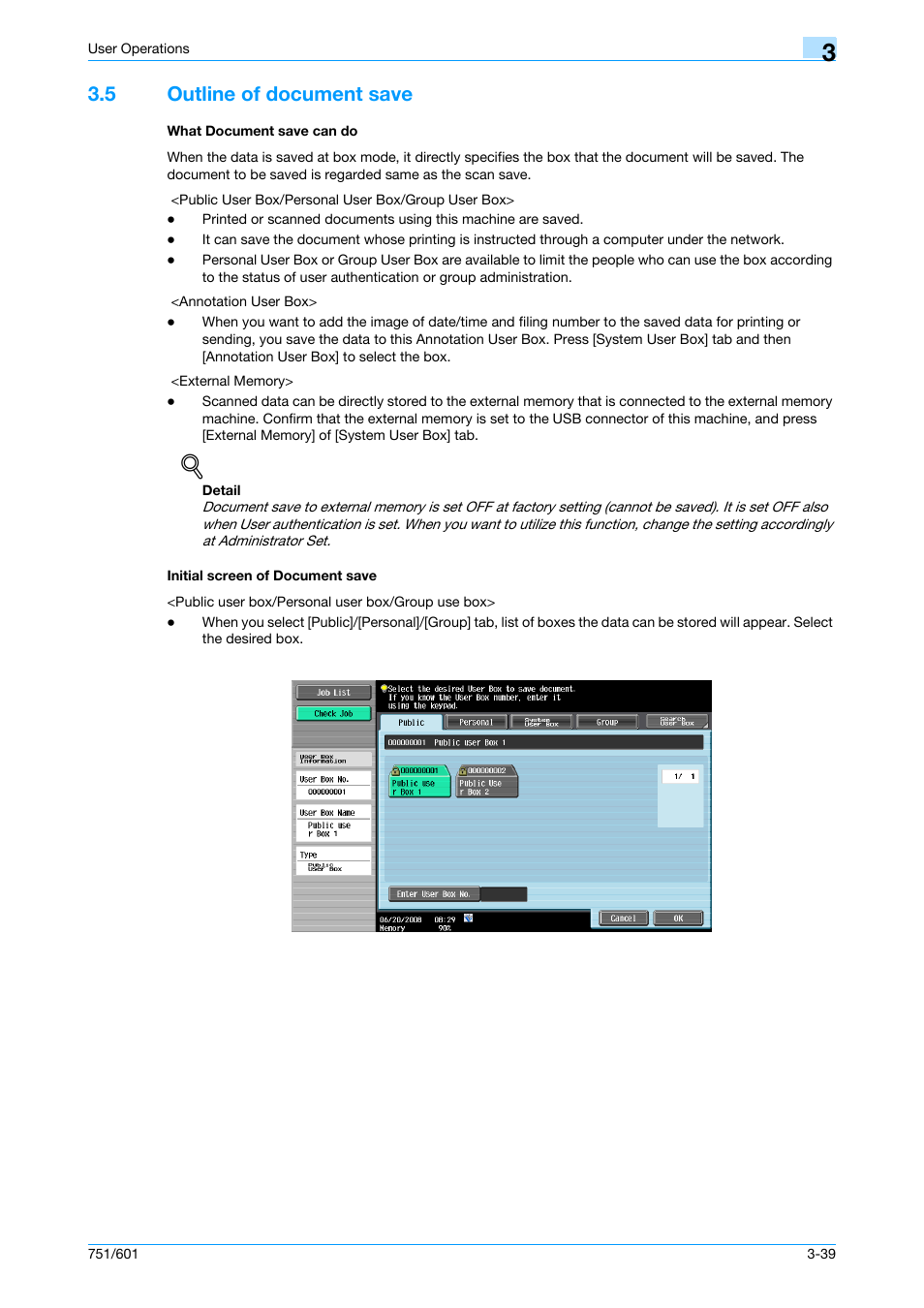 5 outline of document save, What document save can do, Initial screen of document save | Konica Minolta bizhub 751 User Manual | Page 165 / 199