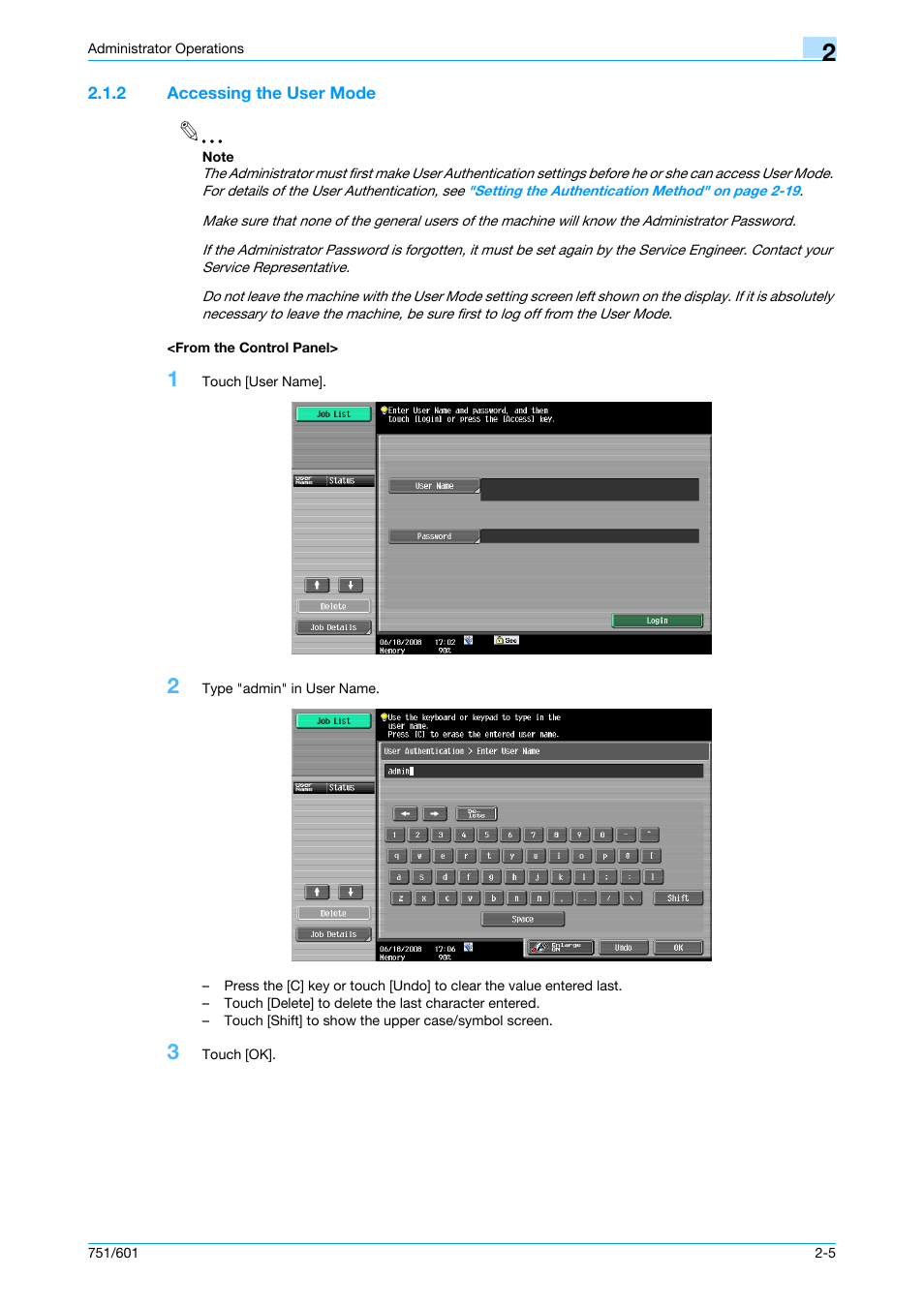 2 accessing the user mode, From the control panel | Konica Minolta bizhub 751 User Manual | Page 21 / 199