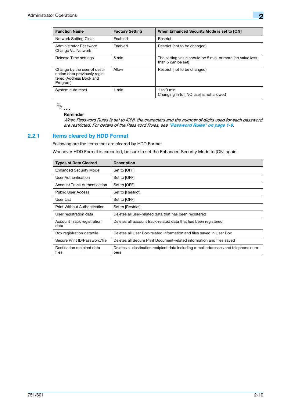 1 items cleared by hdd format, Items cleared by hdd format -10 | Konica Minolta bizhub 751 User Manual | Page 26 / 199