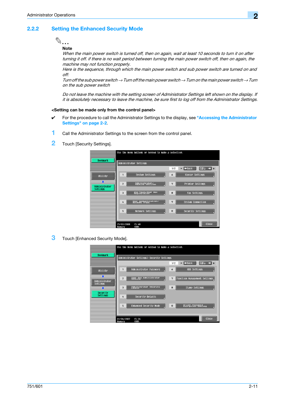 2 setting the enhanced security mode, Setting can be made only from the control panel | Konica Minolta bizhub 751 User Manual | Page 27 / 199