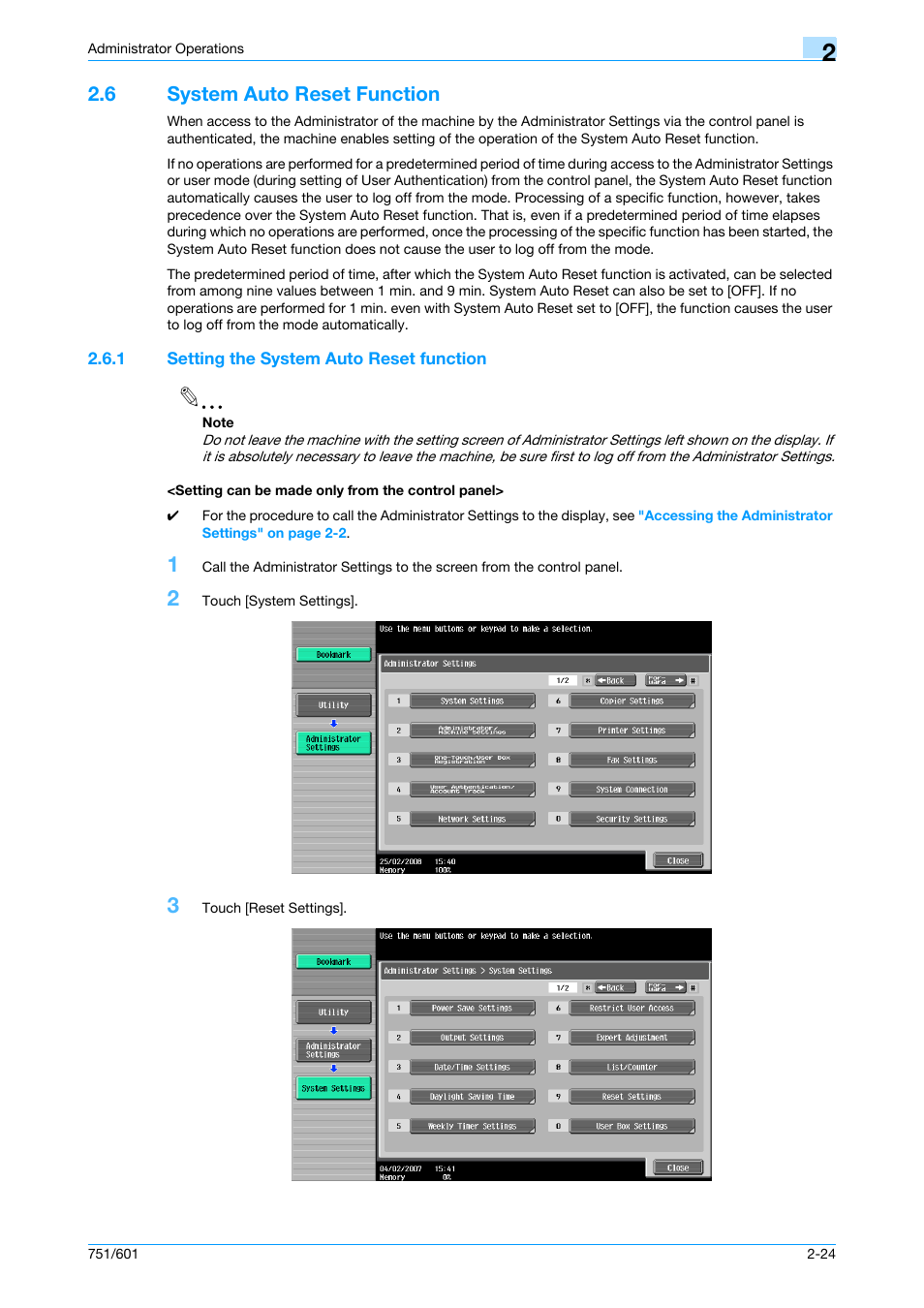 6 system auto reset function, 1 setting the system auto reset function, Setting can be made only from the control panel | System auto reset function -24 | Konica Minolta bizhub 751 User Manual | Page 40 / 199