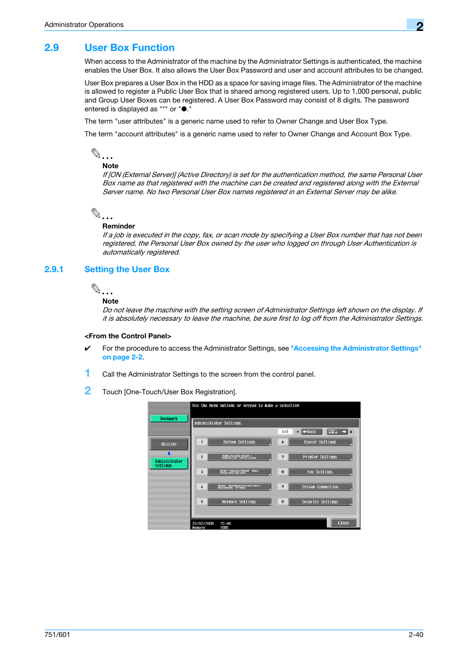 9 user box function, 1 setting the user box, From the control panel | User box function -40 | Konica Minolta bizhub 751 User Manual | Page 56 / 199