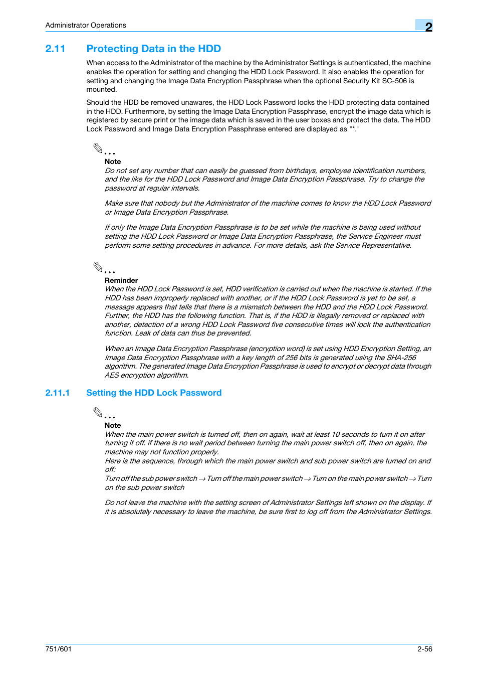 11 protecting data in the hdd, 1 setting the hdd lock password, Protecting data in the hdd -56 | Setting the hdd lock password -56 | Konica Minolta bizhub 751 User Manual | Page 72 / 199