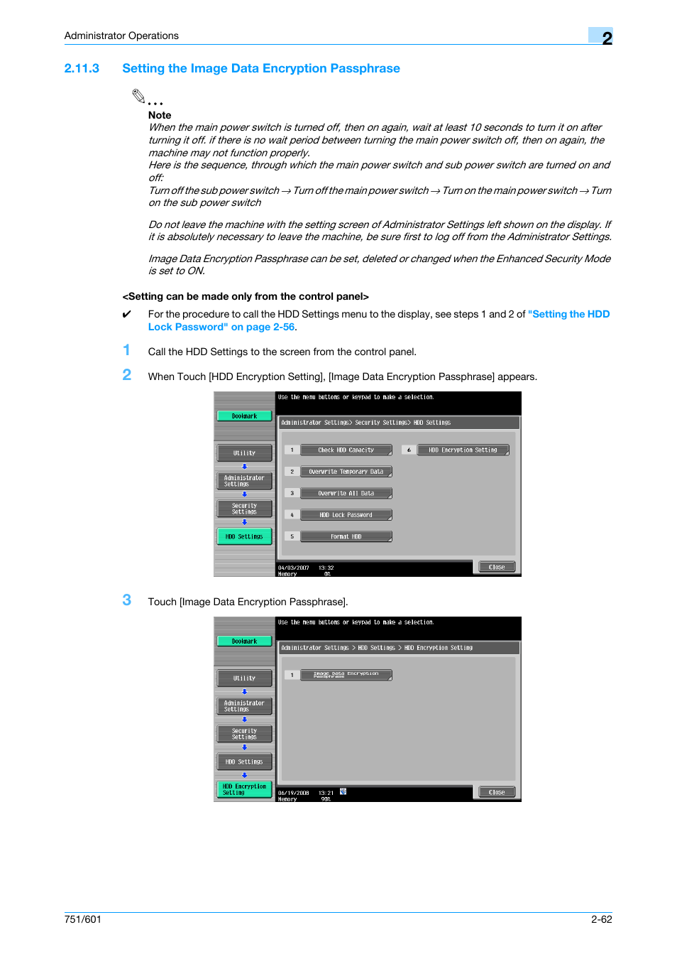 3 setting the image data encryption passphrase, Setting can be made only from the control panel | Konica Minolta bizhub 751 User Manual | Page 78 / 199
