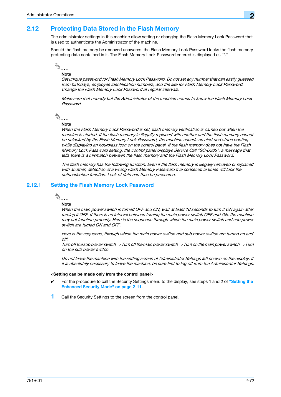 12 protecting data stored in the flash memory, 1 setting the flash memory lock password, Setting can be made only from the control panel | Protecting data stored in the flash memory -72 | Konica Minolta bizhub 751 User Manual | Page 88 / 199