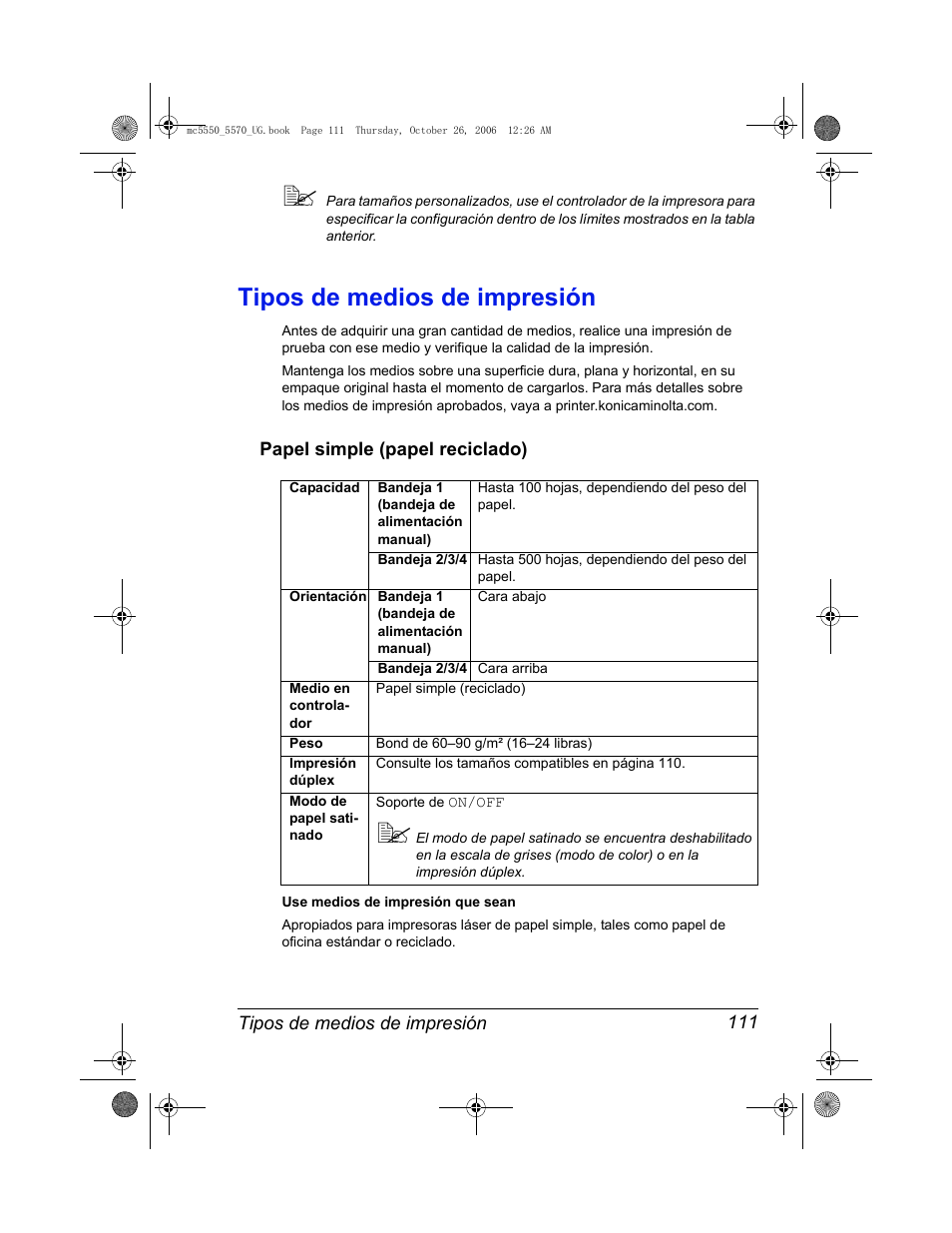 Tipos de medios de impresión, Papel simple (papel reciclado), Tipos de medios de impresión 111 | Papel simple (papel reciclado) 111 | Konica Minolta magicolor 5550 User Manual | Page 125 / 304