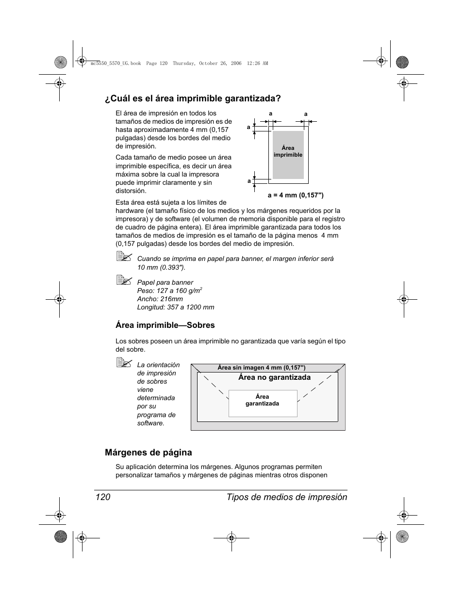 Cuál es el área imprimible garantizada, Área imprimible-sobres, Cuál es el área imprimible garantizada? 120 | Área imprimible—sobres 120 | Konica Minolta magicolor 5550 User Manual | Page 134 / 304