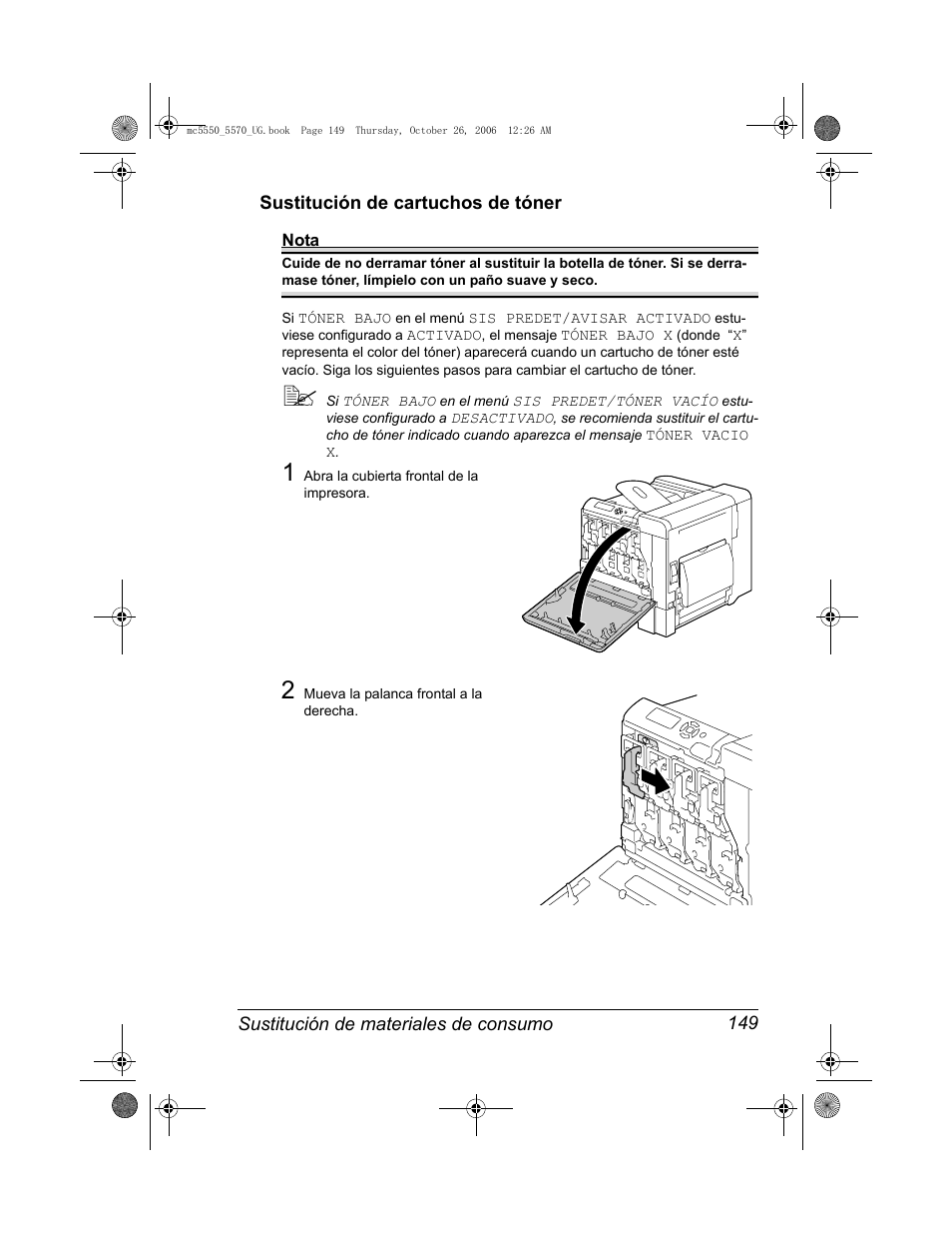 Sustitución de cartuchos de tóner, Sustitución de cartuchos de tóner 149 | Konica Minolta magicolor 5550 User Manual | Page 163 / 304