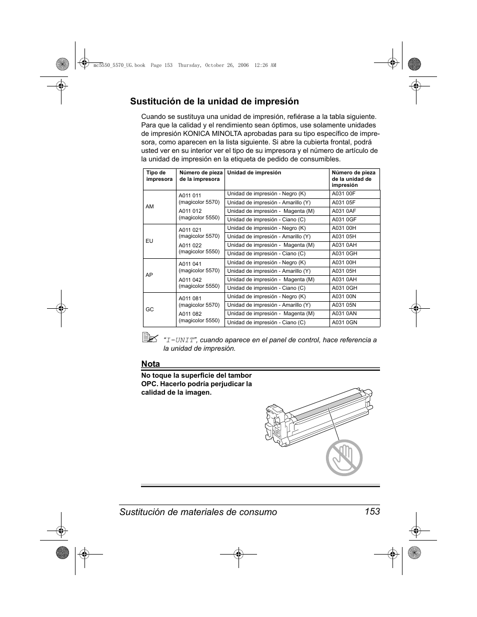 Sustitución de la unidad de impresión, Sustitución de la unidad de impresión 153, Nota | I-unit | Konica Minolta magicolor 5550 User Manual | Page 167 / 304