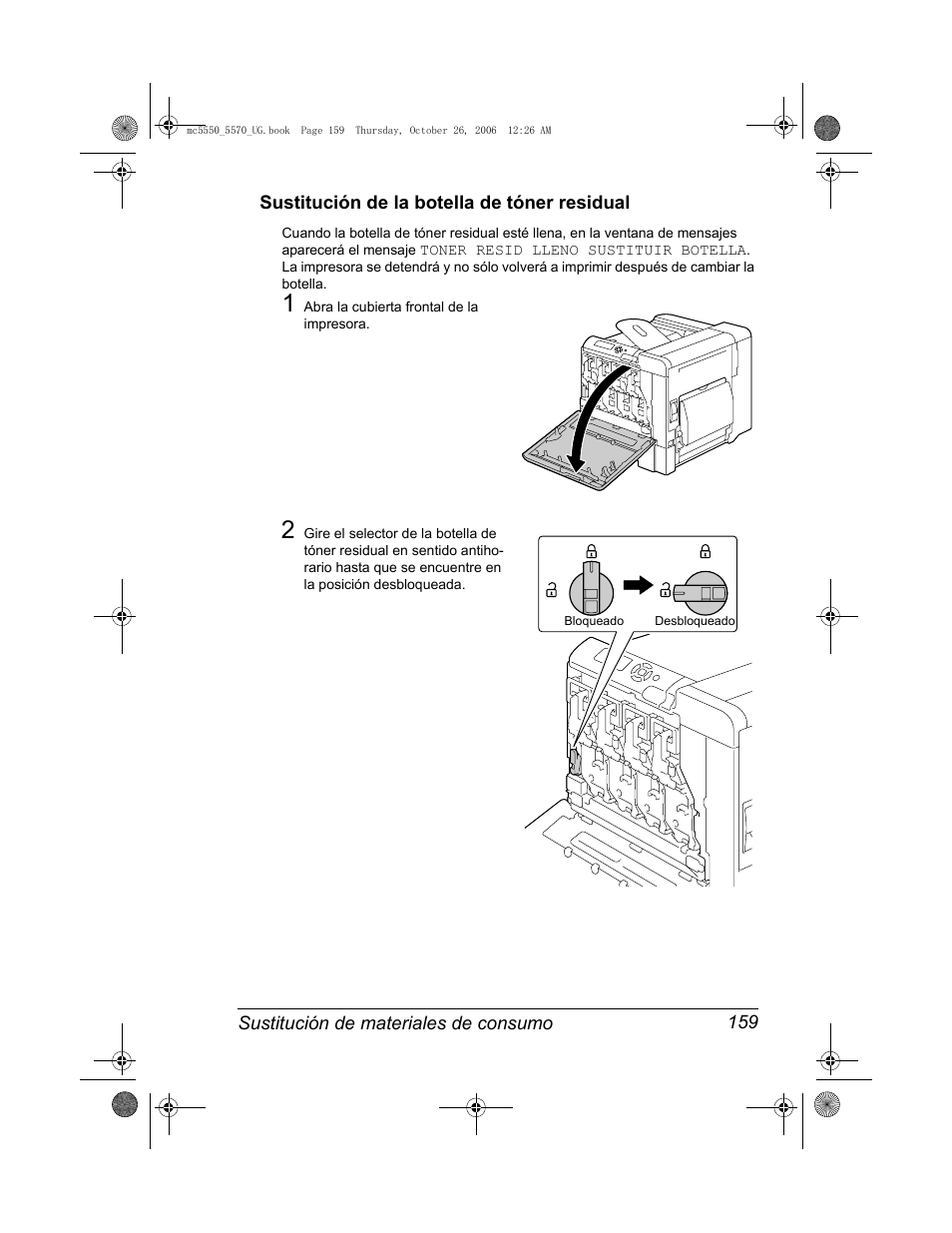 Sustitución de la botella de tóner residual, Sustitución de la botella de tóner residual 159 | Konica Minolta magicolor 5550 User Manual | Page 173 / 304