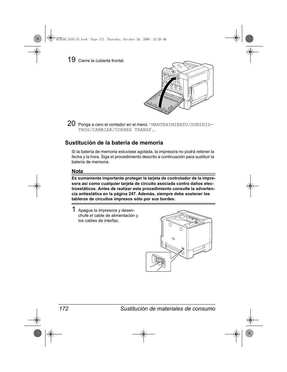 Sustitución de la batería de memoria, Sustitución de la batería de memoria 172 | Konica Minolta magicolor 5550 User Manual | Page 186 / 304