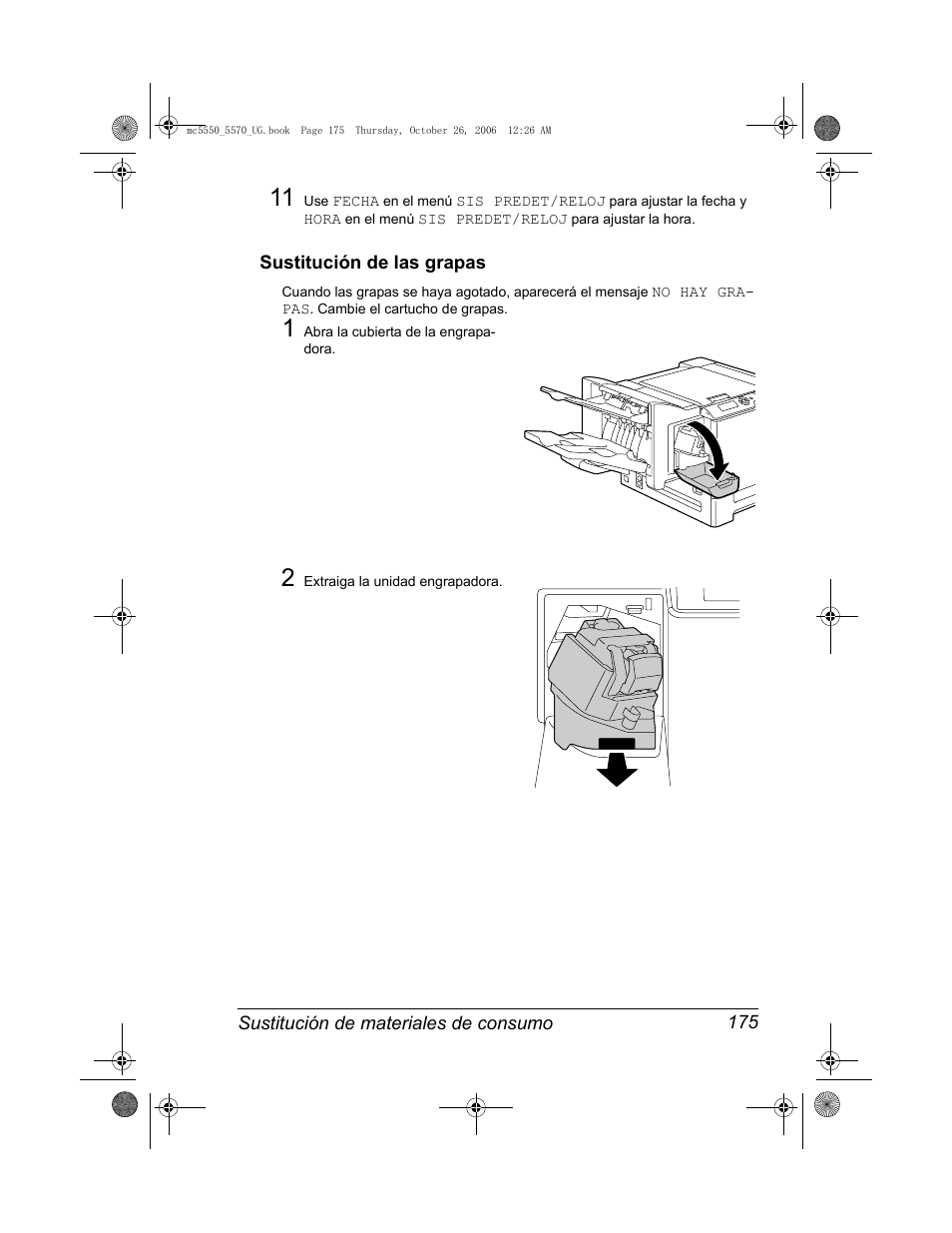 Sustitución de las grapas, Sustitución de las grapas 175 | Konica Minolta magicolor 5550 User Manual | Page 189 / 304