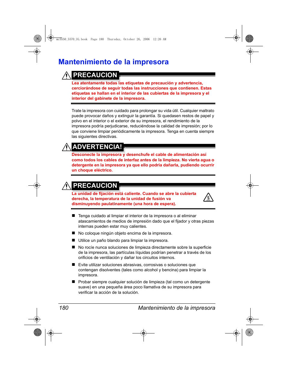 Mantenimiento de la impresora, Mantenimiento de la impresora 180, Precaucion | Advertencia | Konica Minolta magicolor 5550 User Manual | Page 194 / 304