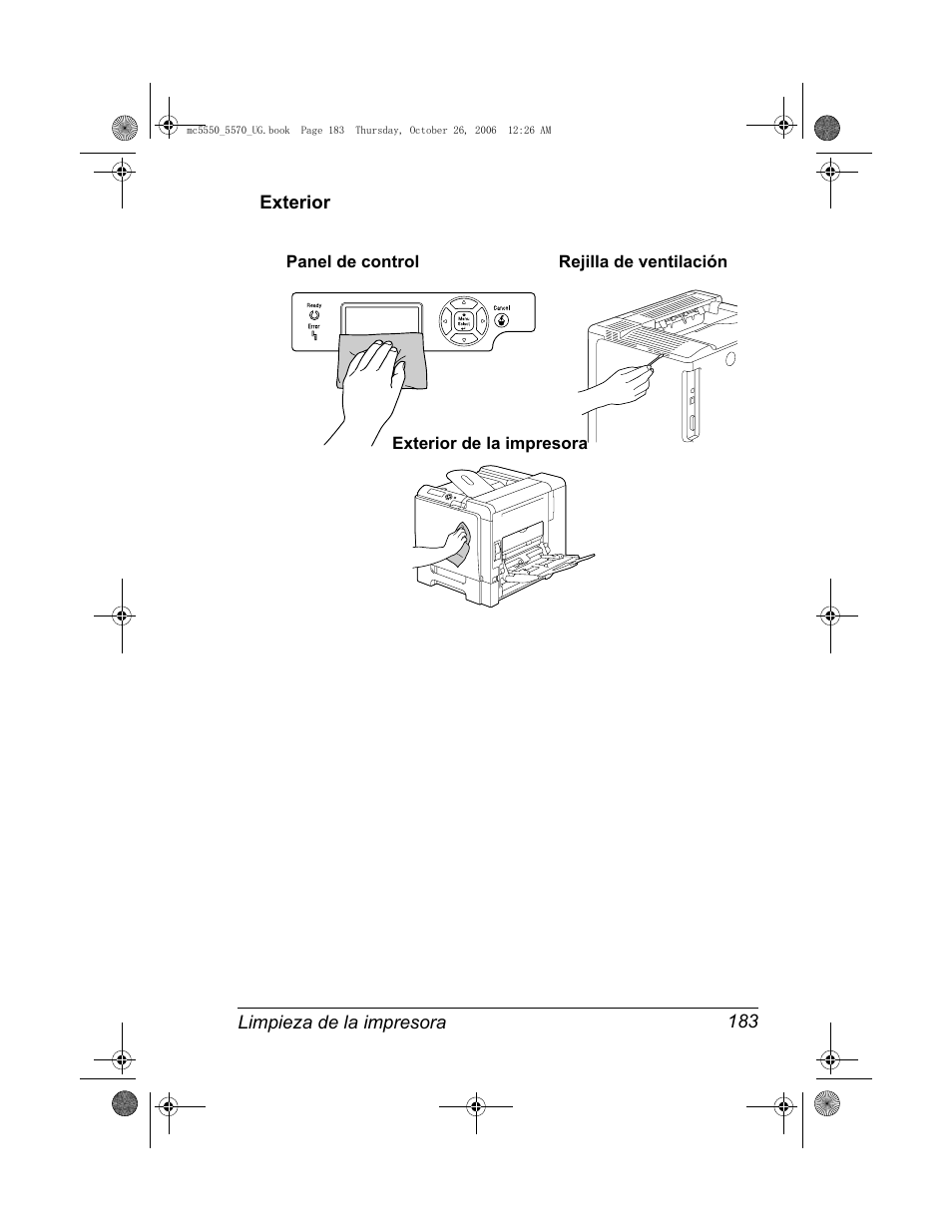 Exterior, Exterior 183, Limpieza de la impresora 183 exterior | Konica Minolta magicolor 5550 User Manual | Page 197 / 304