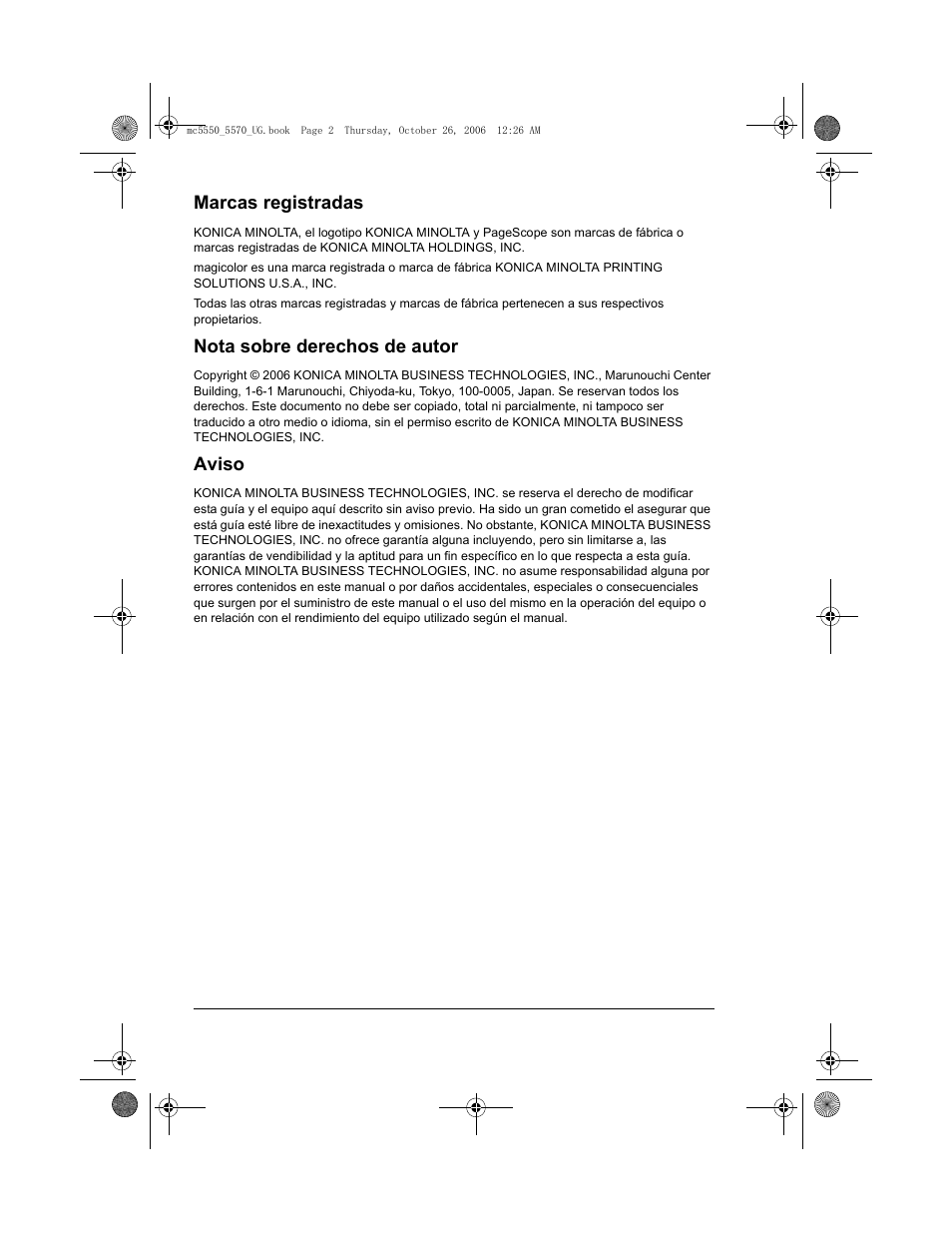 Marcas registradas, Nota sobre derechos de autor, Aviso | Konica Minolta magicolor 5550 User Manual | Page 2 / 304