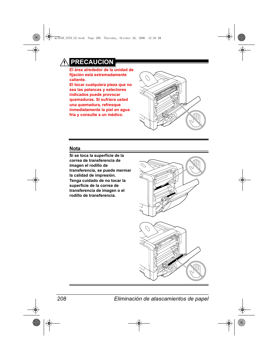Precaucion, Eliminación de atascamientos de papel 208 | Konica Minolta magicolor 5550 User Manual | Page 222 / 304