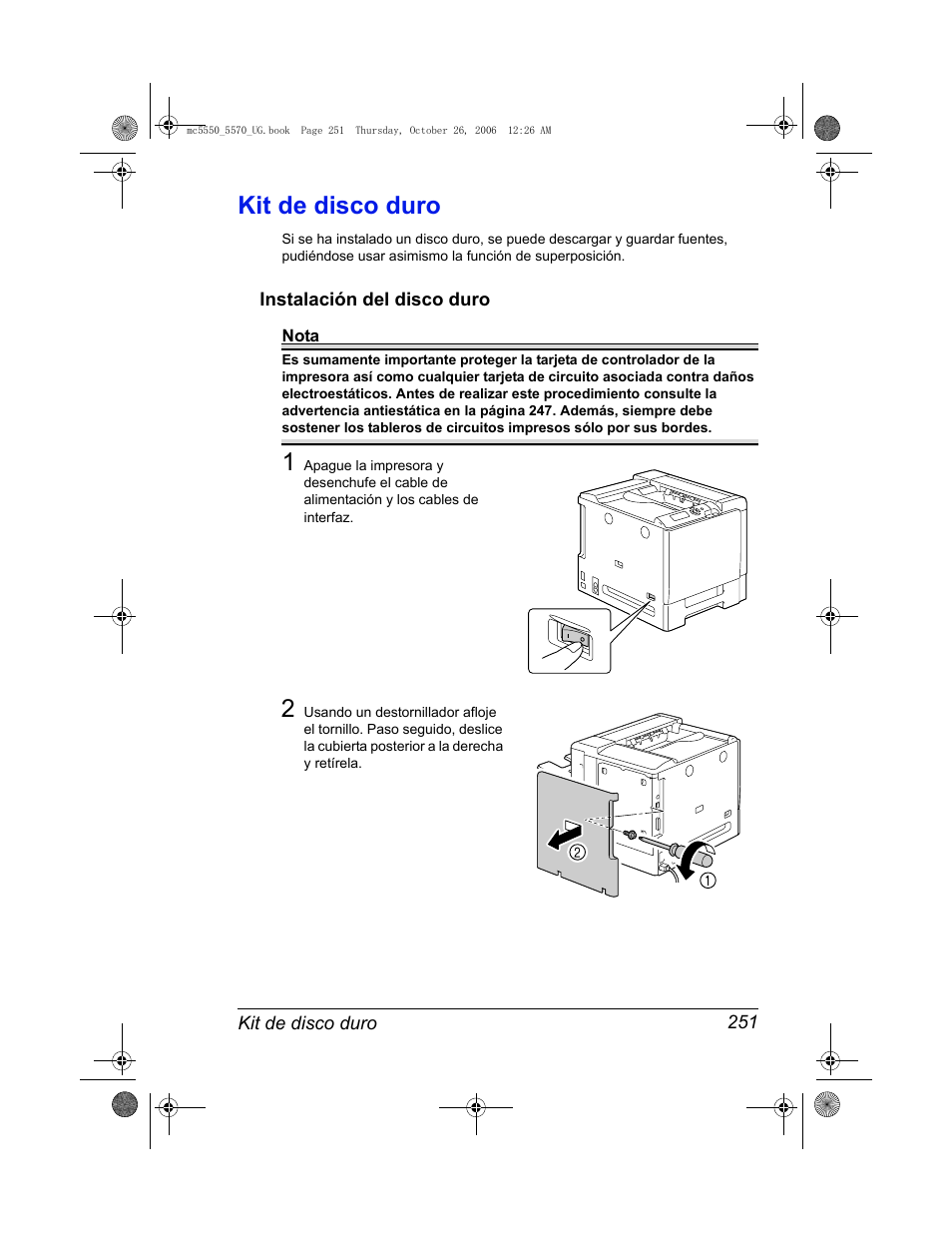 Kit de disco duro, Instalación del disco duro, Kit de disco duro 251 | Instalación del disco duro 251 | Konica Minolta magicolor 5550 User Manual | Page 265 / 304